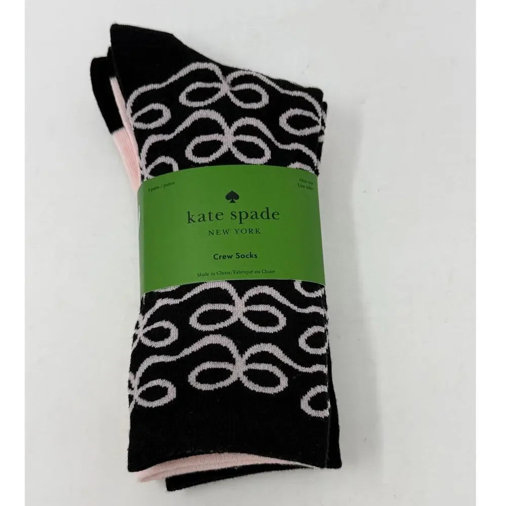 NWT Kate‎ Spade New York Crew Socks Bow Print 3 Pack Black Pink Gift Cute Preppy